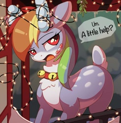 Size: 1183x1200 | Tagged: safe, artist:nookprint, character:rainbow dash, species:reindeer, g4, antlers, bandage, cute, dashabetes, deerified, dialogue, eyebrows, eyelashes, female, icicle, looking sideways, open mouth, solo, spotted, string lights, tail, text, trapped