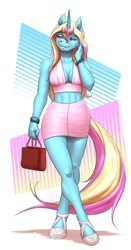 Size: 629x1200 | Tagged: safe, artist:mykegreywolf, oc, oc only, oc:jewel, species:anthro, species:unguligrade anthro, species:unicorn, absolute cleavage, abstract background, bag, bracelet, breasts, cleavage, clothing, explicit source, eyebrows, eyelashes, female, jewelry, looking sideways, mare, shirt, shoes, simple background, skirt, solo, wristband