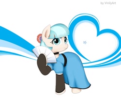 Size: 1200x981 | Tagged: safe, artist:vinilyart, character:coco pommel, species:earth pony, species:pony, g4, blue dress, choker, clothing, eyelashes, fan, female, flower, flower in hair, hoof hold, hooves, jewelry, looking at you, mare, necklace, one hoof raised, simple background, smiling, solo, stockings, thigh highs