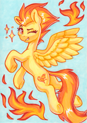 Size: 1471x2076 | Tagged: safe, artist:dandy, character:spitfire, species:pegasus, species:pony, g4, colored pencil drawing, cutie mark, eyebrows, eyelashes, female, fire, flying, grin, looking at you, looking back, looking back at you, mare, marker drawing, one eye closed, simple background, smiling, solo, spread wings, tail, traditional art, wings, wink, winking at you