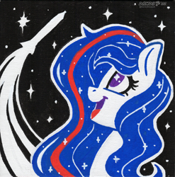 Size: 1768x1786 | Tagged: safe, artist:dandy, oc, oc only, oc:nasapone, species:earth pony, species:pony, acrylic painting, cute, earth pony oc, eyelashes, female, limited palette, mare, marker drawing, ocbetes, open mouth, rocket, solo, space, starry eyes, stars, traditional art, wingding eyes