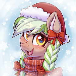 Size: 2362x2362 | Tagged: safe, artist:dandy, oc, oc only, oc:sylvia evergreen, species:pegasus, species:pony, blushing, bow, braid, braided pigtails, bust, christmas, clothing, cute, ear fluff, eye clipping through hair, eyebrows, eyebrows visible through hair, eyelashes, female, freckles, happy, hat, high res, holiday, looking at you, looking sideways at you, mare, ocbetes, open mouth, pigtails, portrait, ribbon, santa hat, scarf, snow, snowfall, solo, three quarter view