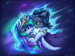 Size: 2400x1777 | Tagged: safe, artist:zeepheru_pone, idw, character:good king sombra, character:king sombra, character:princess celestia, species:alicorn, species:pony, species:umbrum, species:unicorn, ship:celestibra, g4, clothing, colored eyebrows, crown, cuddling, duo, ear fluff, eyebrows, female, high res, hoof shoes, jewelry, looking at each other, love, male, mare, open mouth, profile, regalia, shipping, shoes, signature, space, stallion, stars, straight, the crystal empire 10th anniversary