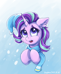 Size: 1000x1200 | Tagged: safe, artist:zeepheru_pone, character:starlight glimmer, species:pony, species:unicorn, g4, cheek fluff, clothing, colored eyebrows, cute, ear fluff, eyebrows, female, floppy ears, fluffy, glimmerbetes, hat, leg fluff, looking up, mare, open mouth, scarf, signature, simple background, snow, snowfall, solo, winter