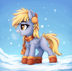 Size: 1331x1314 | Tagged: safe, artist:zeepheru_pone, character:derpy hooves, species:pegasus, species:pony, g4, cheek fluff, chest fluff, clothing, cute, derpabetes, ear fluff, earmuffs, eyebrows, eyebrows visible through hair, female, fluffy, leg fluff, mare, open mouth, profile, scarf, smiling, snow, snowfall, solo, standing, striped scarf, winter