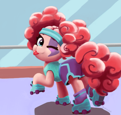 Size: 1900x1800 | Tagged: safe, artist:bronygadin, artist:justgaduh, character:pinkie pie, species:earth pony, species:pony, episode:scare master, g4, my little pony: friendship is magic, alternate hairstyle, blep, clothing, costume, cute, diapinkes, female, holiday, mare, nightmare night, nightmare night costume, one eye closed, pinkie puffs, roller skates, solo, tongue out, wink