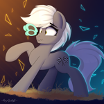 Size: 3000x3000 | Tagged: safe, artist:alexbefest, oc, oc only, oc:rapid scout, species:earth pony, species:pony, g4, abstract background, butterfly, butterfly on nose, cute, earth pony oc, eye clipping through hair, eyebrows, eyebrows visible through hair, gradient background, insect on nose, neon, ocbetes, raised hoof, scrunchy face, signature, solo, three quarter view, wavy mouth