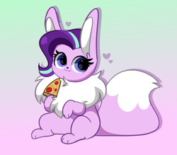 Size: 3175x2782 | Tagged: safe, artist:kittyrosie, part of a set, character:starlight glimmer, g4, crossover, cute, eevee, floating heart, fluffy, food, glimmerbetes, gradient background, heart, nintendo, pineapple pizza, pizza, pokefied, pokémon, solo, species swap, sweet dreams fuel, video game