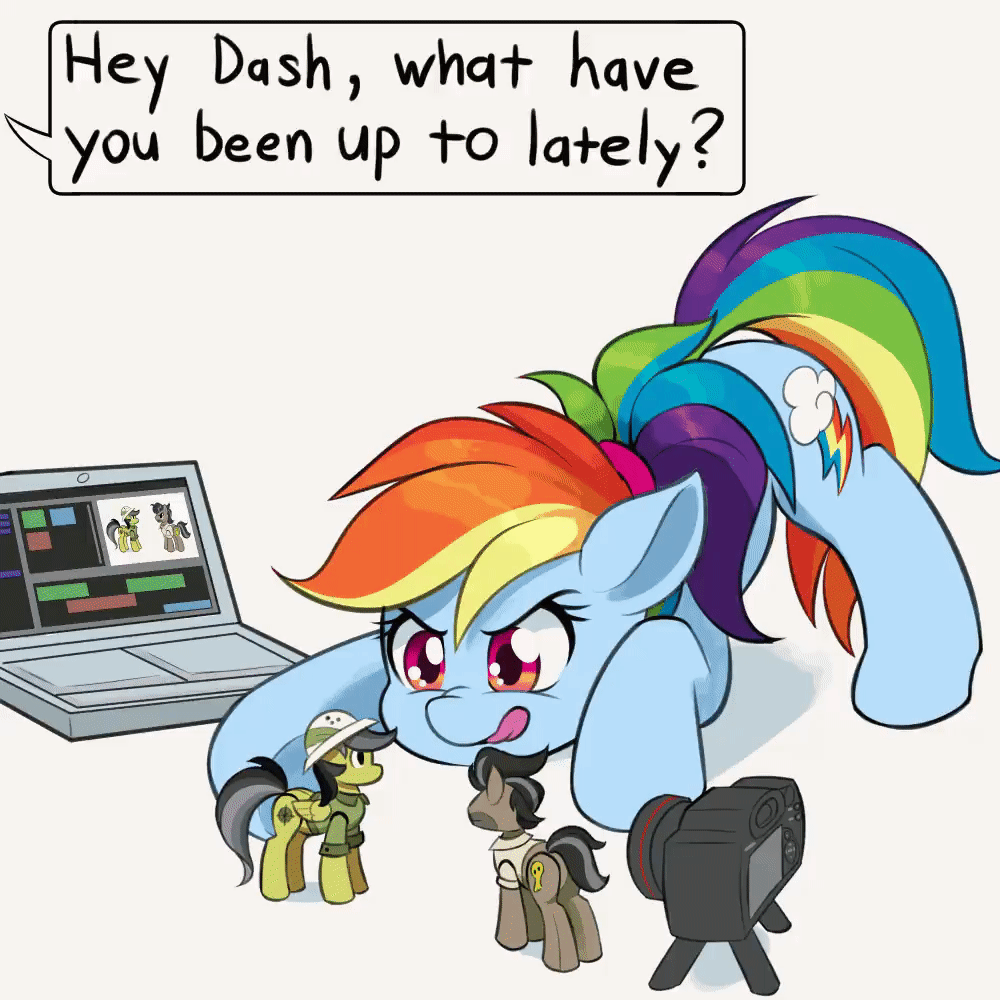 Size: 1000x1000 | Tagged: safe, artist:dstears, character:daring do, character:doctor caballeron, character:rainbow dash, species:pegasus, species:pony, g4, alternate hairstyle, animated, camera, computer, cute, dashabetes, female, laptop computer, mare, offscreen character, open mouth, open smile, ponytail, smiling, spread wings, starry eyes, stop motion, tongue out, toy, wingding eyes, wings