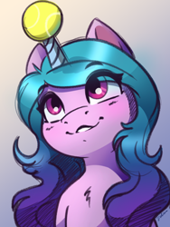Size: 3000x4000 | Tagged: safe, artist:faline-art, character:izzy moonbow, species:pony, species:unicorn, g5, ball, blushing, bust, chest fluff, childproof horn, cute, eye clipping through hair, eyebrows, eyebrows visible through hair, female, gradient background, gradient hair, horn, horn guard, horn impalement, hornball, izzy's tennis ball, izzybetes, looking up, mare, multicolored hair, signature, simple background, solo, tennis ball, toy