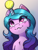 Size: 3000x4000 | Tagged: safe, artist:faline-art, character:izzy moonbow, species:pony, species:unicorn, g5, ball, blushing, bust, chest fluff, childproof horn, cute, eye clipping through hair, eyebrows, eyebrows visible through hair, female, gradient background, gradient hair, high res, horn, horn guard, horn impalement, hornball, izzy's tennis ball, izzybetes, looking up, mare, multicolored hair, signature, simple background, solo, tennis ball, toy