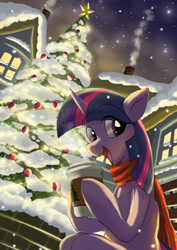 Size: 2480x3508 | Tagged: safe, artist:neoshrek, character:twilight sparkle, species:pony, species:unicorn, g4, christmas, christmas tree, clothing, coffee cup, cup, eye clipping through hair, eyebrows, eyebrows visible through hair, female, holiday, hoof hold, low angle, mare, open mouth, open smile, scarf, smiling, snow, snowfall, solo, tree