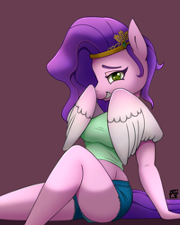 Size: 2000x2500 | Tagged: safe, artist:naen, character:pipp petals, species:anthro, species:pegasus, g5, adorapipp, circlet, clothing, covering face, cowering, cute, denim, denim shorts, female, laughing, looking at you, mare, pipp wings, profile, shirt, shorts, signature, simple background, sitting, solo, t-shirt, wings