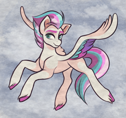 Size: 1069x1000 | Tagged: safe, artist:marsel1nushka, character:zipp storm, species:pegasus, species:pony, g5, my little pony: a new generation, colored hooves, colored wings, female, flying, hooves, mare, multicolored wings, smiling, solo, spread wings, three quarter view, unshorn fetlocks, wings