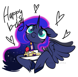 Size: 2941x2894 | Tagged: safe, artist:marsel1nushka, character:princess luna, species:alicorn, species:pony, g4, birthday, cake, colored hooves, cute, female, floppy ears, food, fruit, happy birthday, hooves, lunabetes, mare, simple background, solo, spread wings, strawberry, unshorn fetlocks, white background, wings
