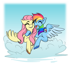 Size: 3086x2894 | Tagged: safe, artist:marsel1nushka, character:fluttershy, character:rainbow dash, species:pegasus, species:pony, ship:flutterdash, g4, cloud, colored hooves, colored wings, cute, dashabetes, duo, eyes closed, female, hooves, hug, mare, multicolored wings, on a cloud, shipping, shyabetes, spread wings, two toned wings, unshorn fetlocks, wings