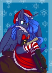 Size: 1448x2048 | Tagged: safe, artist:melodis, character:princess luna, species:alicorn, species:anthro, g4, christmas, christmas stocking, clothing, female, holiday, mare, simple background, sitting, socks, solo, striped socks