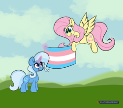 Size: 4460x3918 | Tagged: safe, artist:phosphorshy, character:fluttershy, character:trixie, species:pegasus, species:pony, species:unicorn, g4, chest fluff, cloud, ear fluff, female, flying, glowing, glowing horn, grass, horn, magic, magic aura, open mouth, pride flag, simple background, spread wings, standing, telekinesis, trans female, trans trixie, transgender, transgender pride flag, wings