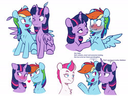 Size: 6000x4500 | Tagged: safe, artist:chub-wub, character:rainbow dash, character:twilight sparkle, character:twilight sparkle (alicorn), character:zipp storm, species:alicorn, species:pegasus, species:pony, ship:twidash, g4, g5, my little pony: a new generation, absurd resolution, blushing, bust, chest fluff, eye clipping through hair, eyebrows, eyebrows visible through hair, fangs, feather in hair, female, generation leap, heart, hoof on chest, hooves, hug, implied magical lesbian spawn, implied offspring, lesbian, lidded eyes, looking at each other, mare, one eye closed, open mouth, sharp teeth, shipping, simple background, sitting, smiling, spread wings, text, trio, trio female, wavy mouth, white background, wingboner, winghug, wings
