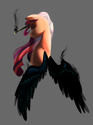 Size: 1468x1968 | Tagged: safe, artist:aztrial, character:sunny starscout, species:alicorn, species:earth pony, species:pony, g5, alicornified, alternate universe, bad end, evil, evil grin, female, fire, gray background, grin, magic horn, magic wings, mare, race swap, simple background, smiling, smoke, solo, sunnycorn