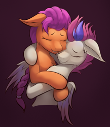 Size: 2304x2655 | Tagged: safe, artist:gouransion, character:sunny starscout, character:zipp storm, species:earth pony, species:pegasus, species:pony, ship:zippscout, g5, adorazipp, best friends, bust, cheek fluff, chest fluff, cute, duo, duo female, eyes closed, female, floppy ears, friendship, high res, hug, lesbian, mare, maroon background, shipping, simple background, smiling, sunnybetes, wings