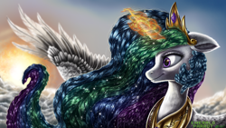 Size: 2560x1440 | Tagged: safe, artist:emeraldparrot, character:princess celestia, species:alicorn, species:pony, g4, cloud, daytime, detailed, detailed fur, detailed mane, female, floppy ears, fluffy, flying, glowing horn, horn, magic, magic aura, mare, profile, signature, smiling, solo, sun