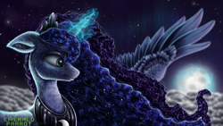 Size: 2560x1440 | Tagged: safe, artist:emeraldparrot, character:princess luna, species:alicorn, species:pony, g4, cloud, detailed, detailed fur, detailed mane, female, floppy ears, fluffy, flying, glowing horn, horn, lips, magic, magic aura, mare, profile, solo, sparkling, stars