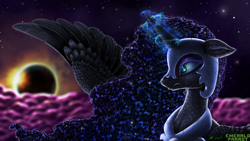 Size: 2560x1440 | Tagged: safe, artist:emeraldparrot, character:nightmare moon, character:princess luna, species:alicorn, species:pony, g4, cloud, detailed, eclipse, female, floppy ears, fluffy, glowing horn, gritted teeth, horn, magic, magic aura, mare, profile, solar eclipse, solo, stars, wallpaper