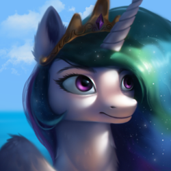 Size: 2000x2000 | Tagged: safe, artist:emeraldparrot, character:princess celestia, species:alicorn, species:pony, g4, bust, cloud, crown, eyebrows, female, jewelry, mare, portrait, regalia, sky, solo, three quarter view