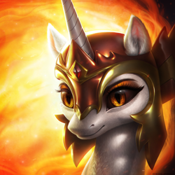 Size: 2000x2000 | Tagged: safe, artist:emeraldparrot, character:daybreaker, character:princess celestia, species:pony, g4, bust, ear fluff, female, fire, helmet, high res, mane of fire, mare, neck fluff, portrait, slit pupils, solo, three quarter view