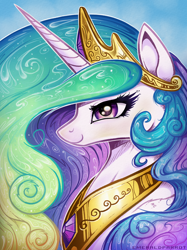 Size: 1280x1707 | Tagged: safe, artist:emeraldparrot, character:princess celestia, species:alicorn, species:pony, g4, bust, crown, female, jewelry, looking at you, mare, necklace, peytral, portrait, profile, regalia, signature, smiling, smiling at you, solo, sternocleidomastoid