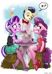 Size: 2894x4093 | Tagged: safe, artist:lummh, character:horte cuisine, character:starlight glimmer, character:sugar belle, species:anthro, species:earth pony, species:unguligrade anthro, species:unicorn, g4, awkward, bow tie, check, clothing, clover cafe, commission, cup, cute, dialogue, dress, equal, equal sign, eyebrows, facial hair, female, floppy ears, grin, hay, hay bale, high res, hoof shoes, horn, jacket, looking at each other, looking at someone, male, mare, moustache, mushroom table, nervous, nervous grin, pictogram, plate, ptsd, question mark, savoir fare, shoes, simple background, sitting, sitting at table, skirt, smiling, speech bubble, spoon, stallion, suit, sweat, sweatdrops, table, tail, text, towel, trio, tuxedo, waiter