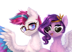 Size: 2500x1800 | Tagged: safe, artist:avrameow, character:pipp petals, character:zipp storm, species:pegasus, species:pony, g5, colored wings, duo, duo female, ear fluff, female, fluffy, glasses, heart shaped glasses, looking at you, mare, multicolored wings, open mouth, open smile, pipp wings, royal sisters (g5), siblings, simple background, sisters, smiling, smiling at you, spread wings, sunglasses, white background, wings