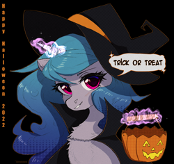Size: 2000x1885 | Tagged: safe, artist:avrameow, character:izzy moonbow, species:pony, species:unicorn, g5, black background, clothing, costume, dialogue, female, glowing horn, gradient hair, halftone, halloween, halloween costume, hat, holiday, horn, looking at you, magic, magic aura, mare, multicolored hair, pumpkin bucket, simple background, solo, speech bubble, telekinesis, text, witch hat