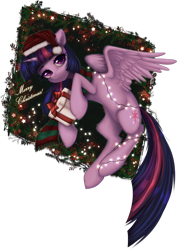 Size: 1920x2717 | Tagged: safe, artist:avrameow, character:twilight sparkle, character:twilight sparkle (alicorn), species:alicorn, species:pony, g4, christmas, christmas lights, clothing, ear fluff, female, hat, holiday, hoof hold, lights, looking at you, mare, present, santa hat, scarf, simple background, solo, spread wings, striped scarf, transparent background, wings, wreath