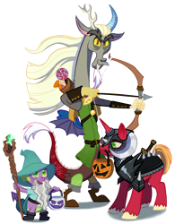 Size: 1880x2412 | Tagged: safe, artist:spring_spring, part of a set, character:big mcintosh, character:discord, character:spike, species:draconequus, species:dragon, species:pony, species:unicorn, g4, apple family member, armor, arrow, bag, bow (weapon), bow and arrow, bucket, candy, candy bag, captain wuzz, clothing, commission, costume, crossover, dungeons and discords, dungeons and dragons, food, garbuncle, halloween, halloween costume, holiday, implied rarity, ogres and oubliettes, pumpkin bucket, race swap, show accurate, simple background, sir mcbiggen, staff, story included, sword, transparent background, unicorn big mac, weapon