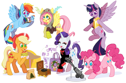 Size: 2965x1968 | Tagged: safe, artist:spring_spring, character:applejack, character:big mcintosh, character:fluttershy, character:pinkie pie, character:rainbow dash, character:rarity, character:shining armor, character:twilight sparkle, character:twilight sparkle (alicorn), species:alicorn, species:earth pony, species:pegasus, species:pony, species:unicorn, episode:the best gift ever, g4, my little pony: friendship is magic, apple family member, armor, bag, burger, cannon, christmas, christmas rift, christmas tree, clothing, commission, craft, food, gold, hat, hearth's warming, holiday, horseshoes, implied big macintosh, implied cheese sandwich, implied discord, implied maud pie, implied scootaloo, implied shining armor, implied spike, implied sugar belle, jacket, mane six, music box, paper bag, party cannon, present, rock, scooter, sculpture, shadow, shining, simple background, singing, transparent background, tree, weapon