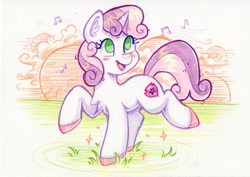 Size: 2076x1471 | Tagged: safe, artist:dandy, character:sweetie belle, species:pony, species:unicorn, g4, blushing, colored pencil drawing, cute, cutie mark, diasweetes, ear fluff, eyelashes, filly, grass, horn, open mouth, solo, tail, the cmc's cutie marks, traditional art, trotting, young