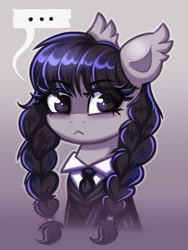 Size: 1025x1362 | Tagged: safe, artist:confetticakez, species:earth pony, species:pony, ..., braided pigtails, clothing, crossover, cute, eyebrows, eyebrows visible through hair, eyelashes, frown, looking at you, necktie, ponified, shirt, species swap, suit, wednesday addams