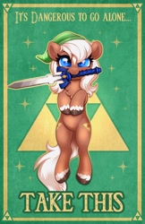 Size: 2650x4096 | Tagged: safe, artist:confetticakez, species:earth pony, species:pony, cute, cutie mark, epona, eponadorable, eyebrows, eyelashes, looking at you, master sword, ponified, poster, species swap, sword, the legend of zelda, weapon
