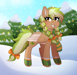 Size: 1280x1250 | Tagged: safe, artist:ayveestars, oc, oc only, oc:sylvia evergreen, species:pegasus, species:pony, braided pigtails, clothing, cute, cutie mark, eyebrows, eyebrows visible through hair, eyelashes, female, forest, freckles, gift art, hoof boots, looking sideways, mare, ocbetes, ribbon, scarf, smiling, snow, solo, tail, tree