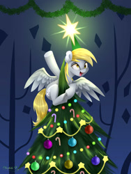 Size: 2250x3000 | Tagged: safe, artist:darksly, character:derpy hooves, species:pegasus, species:pony, episode:a hearth's warming tail, g4, my little pony: friendship is magic, christmas, christmas lights, christmas tree, cute, derpabetes, derpy being derpy, derpy star, female, holiday, lights, mare, open mouth, open smile, signature, smiling, solo, spread wings, stars, tree, wings