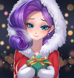 Size: 800x844 | Tagged: safe, artist:racoonsan, character:rarity, species:human, g4, beautiful, blurred background, breasts, christmas, clothing, ear piercing, earring, eyebrows, eyebrows visible through hair, female, gloves, holiday, human coloration, humanized, jewelry, looking at you, mittens, open mouth, open smile, piercing, present, smiling, smiling at you, solo, species swap