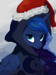 Size: 1800x2388 | Tagged: safe, artist:some_ponu, derpibooru original, character:princess luna, species:alicorn, species:pony, g4, christmas, clothing, cute, female, frown, hat, holiday, hoodie, looking at you, mare, santa hat, solo, unamused