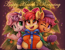 Size: 1439x1119 | Tagged: safe, artist:zeepheru_pone, character:apple bloom, character:scootaloo, character:sweetie belle, species:earth pony, species:pegasus, species:pony, species:unicorn, g4, adorabloom, apple family member, bow, cheek fluff, christmas, christmas lights, christmas tree, clothing, cute, cutealoo, cutie mark crusaders, diasweetes, ear fluff, eyebrows, eyebrows visible through hair, female, filly, fluffy, foal, hair bow, hat, hearth's warming, holiday, hoof hold, leg fluff, lights, looking at you, one eye closed, present, scarf, shared clothing, shared scarf, smiling, sweater, tree, trio, wink, young