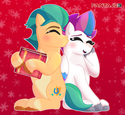 Size: 2342x2160 | Tagged: safe, artist:fantaje3, character:hitch trailblazer, character:zipp storm, species:earth pony, species:pegasus, species:pony, ship:hitchzipp, g5, abstract background, adorazipp, affection, album, blaze (coat marking), blushing, christmas, coat markings, colored eyebrows, colored hooves, cute, duo, duo male and female, eyebrows, eyes closed, female, hitchbetes, holiday, hoof hold, hooves, kissing, male, mare, profile, raised hoof, red background, sequins, shipping, signature, simple background, sitting, smiling, snow, snowflake, socks (coat marking), stallion, straight, three quarter view, unshorn fetlocks