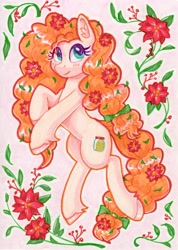 Size: 1475x2068 | Tagged: safe, artist:dandy, character:pear butter, species:earth pony, species:pony, g4, apple family member, blushing, cute, cutie mark, eyelashes, female, flower, flower in hair, looking sideways, mare, pearabetes, poinsettia, smiling, solo, traditional art, unshorn fetlocks