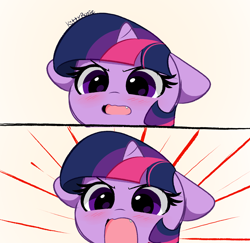 Size: 4704x4580 | Tagged: safe, artist:kittyrosie, character:twilight sparkle, species:pony, species:unicorn, g4, 2 panel comic, absurd resolution, adorable distress, ambiguous race, angry dog noises, anime style, blushing, comic, cute, cute little fangs, fangs, female, floppy ears, mare, meme, open mouth, sharp teeth, simple background, solo, twiabetes, white background