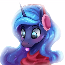 Size: 2944x2949 | Tagged: safe, artist:ryanmandraws, character:princess luna, species:alicorn, species:pony, g4, :p, blep, blushing, bust, christmas, clothing, cute, earmuffs, ethereal mane, female, holiday, looking down, lunabetes, mare, mlem, portrait, scarf, silly, snow, snowfall, snowflake, solo, tongue out, winter