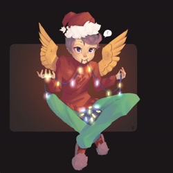 Size: 1662x1662 | Tagged: safe, artist:haku nichiya, character:scootaloo, species:human, g4, christmas, christmas lights, cute, cutealoo, female, holding, holiday, humanized, lights, mouth hold, solo, species swap, winged humanization, wings